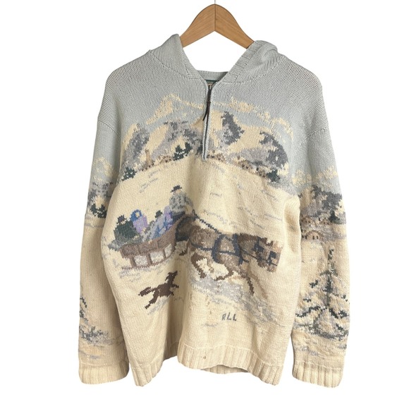 Ralph Lauren Womens L 100% Lambswool Fair Isle Snow Scene Horses 1/4 Zip Sweater - Picture 1 of 9
